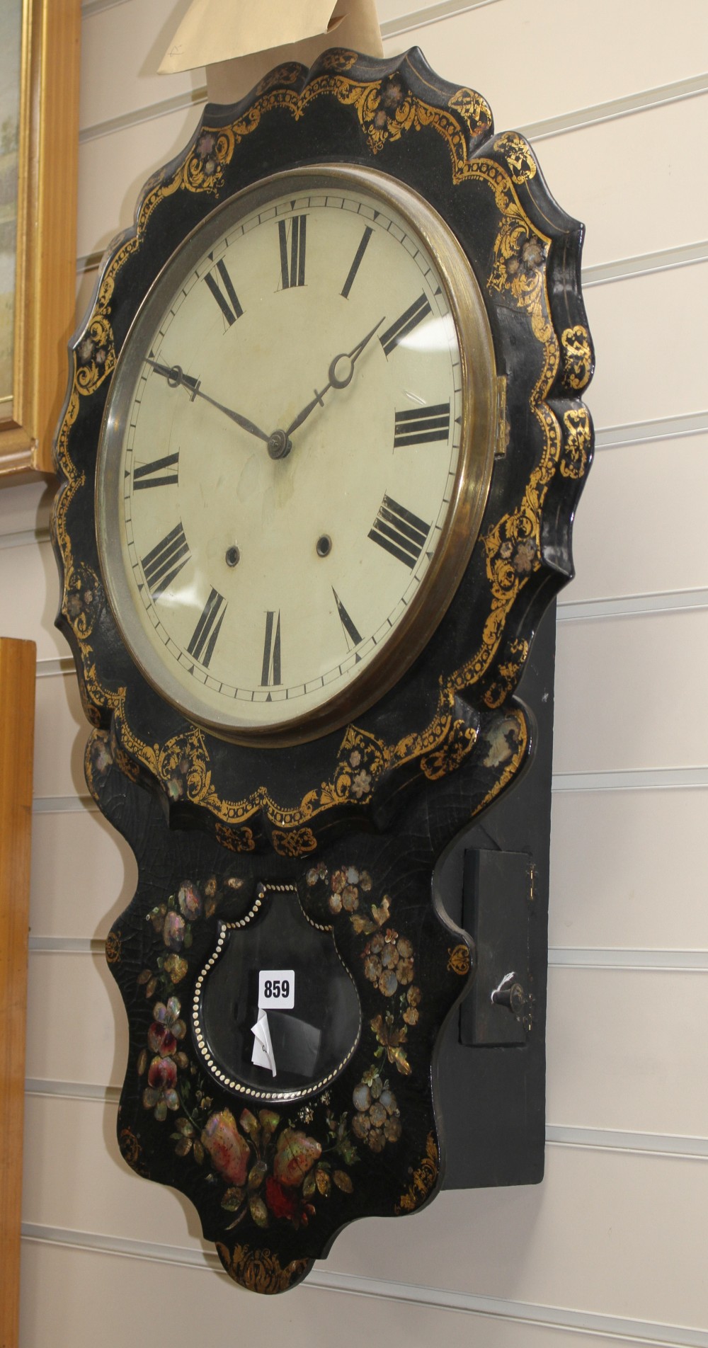 A Victorian papier mache eight day drop dial wall clock, H.73cm dial Diam.32cm